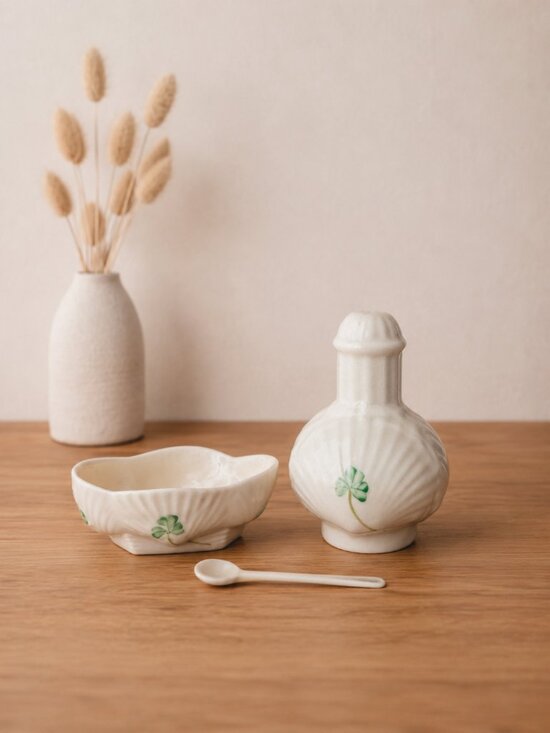Belleek Other - Belleek Ireland Shamrock Salt & Pepper Shaker Set with Stopper